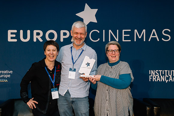 Ex director Nina Peče, programmer Koen Van Daele and director Metka Dariš receiving the Best Programming Award on Europa Cinemas 21st Network Conference in Lisbon on 23 Nov 2019 , Photo by Joana Linda