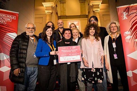 front row FLTR Marek Rozenbaum (Transfax), Beata Rzeźniczek (Madants), Klaudia Smieja (Madants), Catherine Trautmann (Eurimages), Hagar Ben Asher (Director), Doreen Boonekamp (Eurimages Award Jury); back row FLTR: Martina Bleis (Berlinale Co-Production Market), Roberto Olla (Eurimages), Francine Raveney (Eurimages), Csaba Bereczki (Eurimages Award Jury)