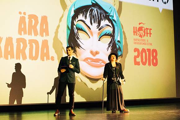 Opening ceremony, host of the evening Martin Veisman (left), HÕFF&#039;s artistic director Maria Reinup (right)