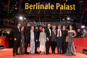 The image shows from left-right, Dawid Ogrodnik (Poland), Kristin Thora Haraldsdóttir (Iceland), Milan Marić (Serbia),  Ine Marie Wilmann (Norway),  Ardalan Esmaili (Sweden), Dieter Kosslick (Festival Director of the Berlin International Film Festival), Emma Drogunova (Germany), Blagoj Veselinov (FYR of Macedonia),  Monika Grütters (German Federal Government Commissioner of Culture and the Media), Elliott Crosset Hove (Denmark), Rea Lest (Estonia),  Aisling Franciosi (Ireland)